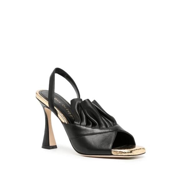 Dee Ocleppo Flutter Leather Ruffle Black Gold Open Toe Slingback Heel Size 10 - Picture 1 of 13